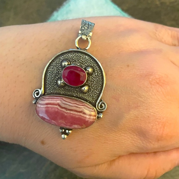 Ruby / Striped Rhodochrosite 925 Sterling Silver Pendant /Hand Crafted ❤️ - Picture 2 of 6